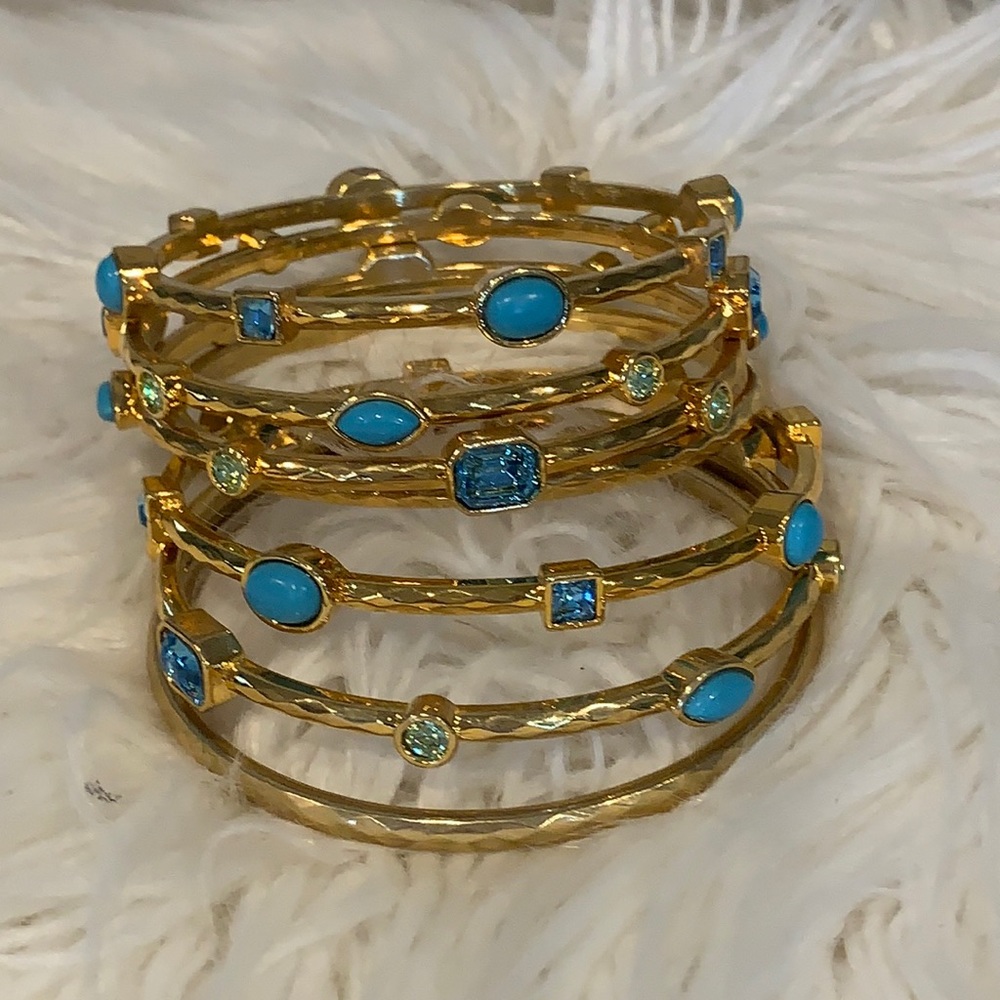 7 Costume Gold, Turquoise & Green Stones Bangles